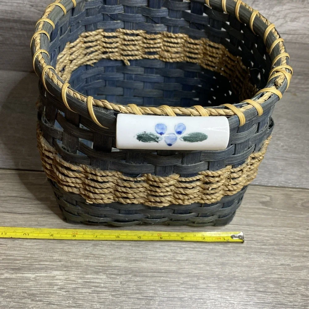Vintage Bamboo Woven Basket Blue With Porcelain Handle